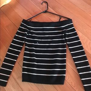 Black and white striped off the shoulder sweater